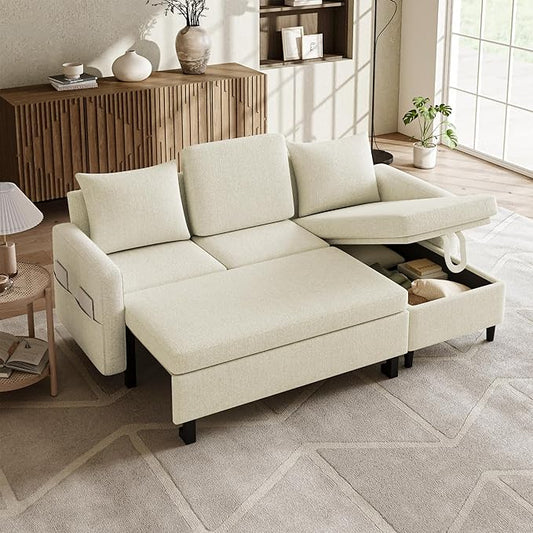 Sleeper Sofa Pull Out Couch Bed with Storage Chaise L Shaped Sectional Sofa 2 in 1 Convertible Couch with Reclining Backrest USB Ports &amp Type-C for Small Space Living Room (Beige) | Chenille F