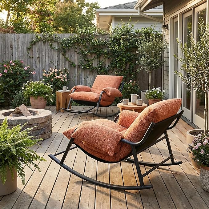 Acanva Oversized Rocking Chair Hybrid Latex Cushion Reading Chair with Aluminum Frame Chenille Lounge Armchair for Indoor Bedroom Living Room Reading Nook Tangerine