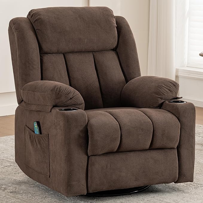 Rocker Swivel Recliner Chair for Adults Overstuffed Large Manual Recliner Glider with Massage and Heat Comfy Soft Fabric Living Room Reclining Sofa Chair (Warm Cocoa)