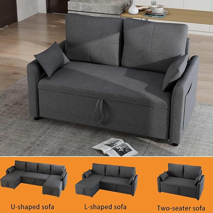 Pull Out loveseat Sleeper：55 Grey Sleeper Sofa Bed Couch for Living Room 2 in 1 Love seat Convertible Sofa Bed Couch pullout sofabed Comfortable(55.1 Sofa Bed)