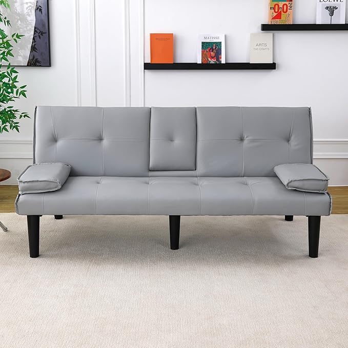 KEIKI 3 in 1 Convertible Sleeper Sofa Bed with Cup Holder Futon Sofa for Living Room Dorm or Home Office Light Gray