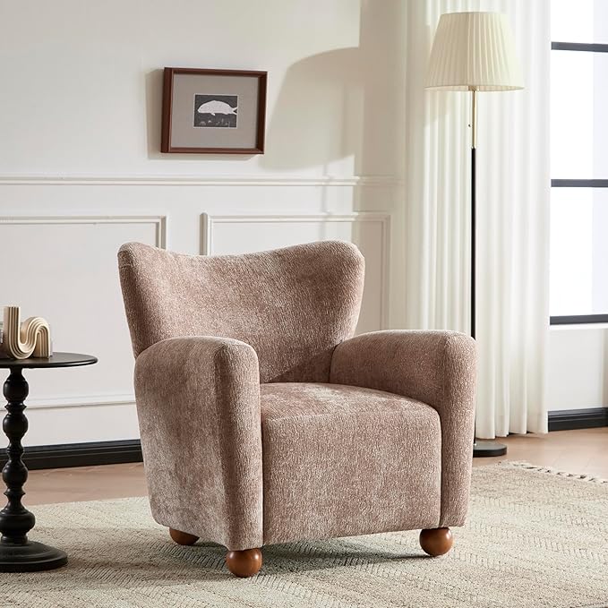 Christopher Knight Home Lindy Wingback Accent Chair Upholstered Armchair with Rounded Wooden Legs Curved Backrest Single Sofa Soft Cushion Seating Comfy Lounge Chair for Living Room Beige Brown