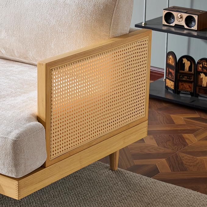 72 Square Arm 3-Seater Sofa with Cane Rattan &amp Rubber Wooden Frame Tapered Legs High-Resilience Sponge Beige Cushions Vintage Modern Couch for Living Room Bedroom Apartment Office Natural