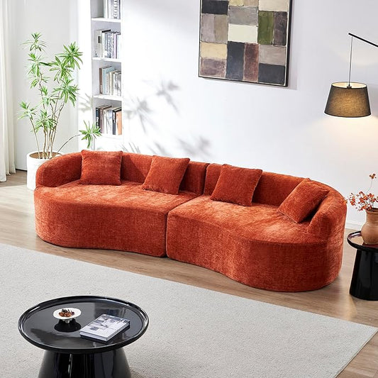KEIKI 111 Curved Chenille Sofa Couch Modern Compressed High-Density Foam Cloud Sofa No Assembly Boneless Sectional with Rolled Arms &amp Pillow Back Oversized Living Room Statement Piece