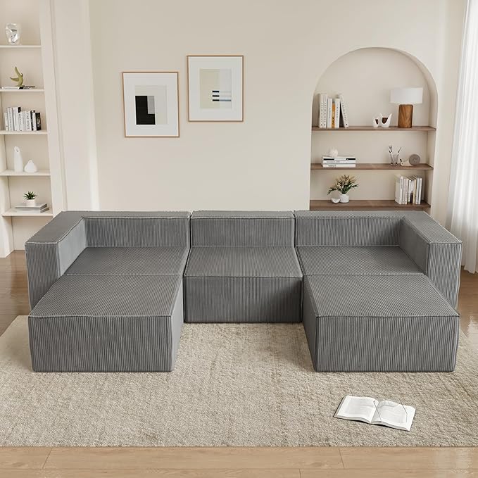 DONICK Premium Modern Modular Sectional Comfy Cloud Couch Corduroy Sofa with Deep Seat Upholstered Couches DIY Combination No Assembly Required for Living Room Bedroom Gray Ottoman