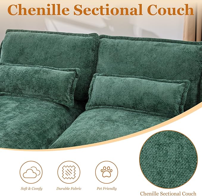 126 Modular Sectional Sofa with Storage Console Cloud Couch Chenille U-Shaped Sofa Cup Holders &amp Wireless Charger Memory Foam Double Chaise for Living Room Office Green