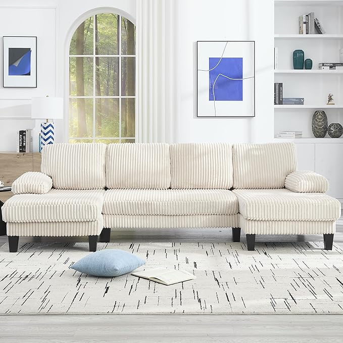 KEIKI 114 U-Shaped Oversized Modular Velvet Sectional Sofa with 2 Chaise Lounge Modern Style Upholstered 4-Seater Couch with Soft Seat Cushions Easy Assembly for Apartment Living Room Beige