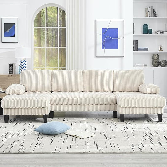 KEIKI 114 U-Shaped Oversized Modular Velvet Sectional Sofa with 2 Chaise Lounge Modern Style Upholstered 4-Seater Couch with Soft Seat Cushions Easy Assembly for Apartment Living Room Beige
