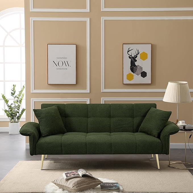 Convertible Sofa Bed Futon Couch Bed with Adjustable Arms and Backrest Modern Love Sofa with Gold Metal Legs for Living Room Bedroom (Teddy Fabric in Green 70.1 Wx31.1 Dx31.5 H)