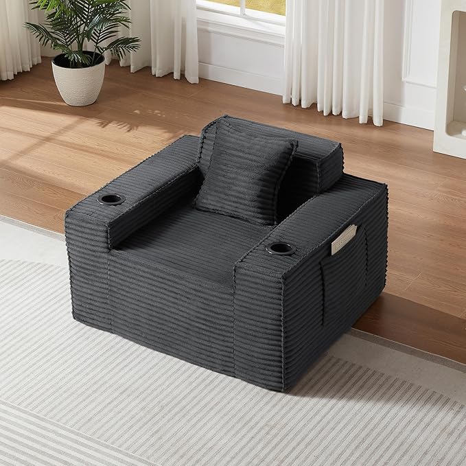 Oversized Cloud Sofa 43'' Upholstered Corduroy Accent Chairs Boneless Floor Couch with Pillow &amp Armrests Comfy Lounge Reading Chair Living Room Chair No Assembly (Dark Gray)