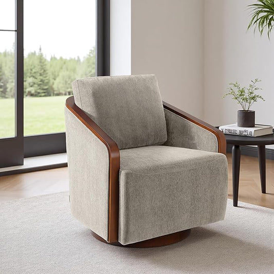 Swivel Barrel Accent Chair Mid Century Modern Arm Chair for Living Room Bedroom Comfy Club Reading Lounge Sofa Corner Chairs for Adults(Chenille Light Brown Set of 1)