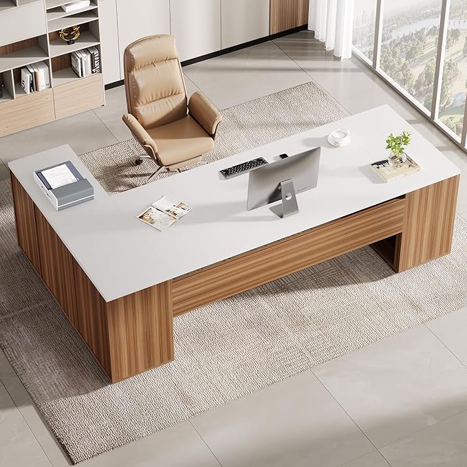 Tribesigns 85.8-Inch L-Shaped Executive Desk Extra Large Modern Office Desk with File Drawers Door Cabinet &amp Shelves Commercial Office Table Home Business Workstation White &amp Brown