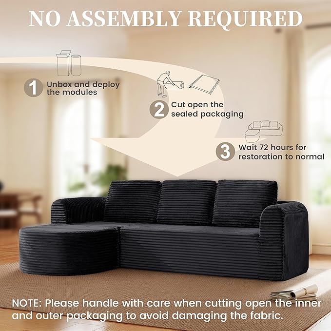 108” Modular Sectional Sofa Boneless Couches for Living Room Deep Seat L-Shape Cloud Couch with ChaiseComfy Sofa Freely Change Configurations No Assembly RequiredSoft Plush Corduroy Fabric(Black)