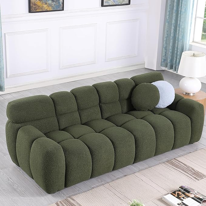GNIXUU 86.5” Boucle Cloud Sofa Modern Large Tufted 3 Seater Sofa Couch with 2 Pillows Comfy Marshmallow Sectional Couches for Living Room Bedroom Apartment(Green)