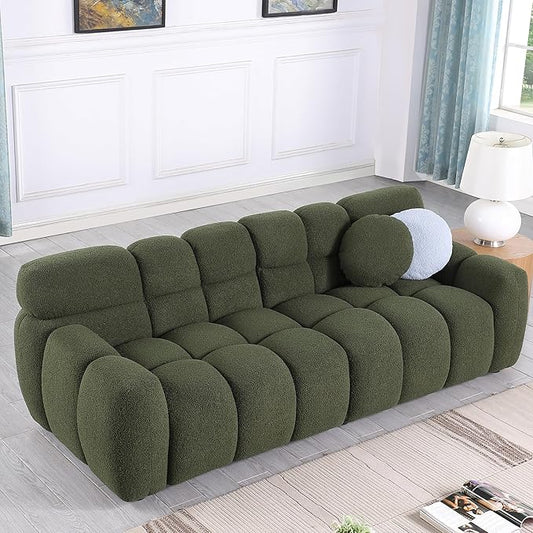 GNIXUU 86.5” Boucle Cloud Sofa Modern Large Tufted 3 Seater Sofa Couch with 2 Pillows Comfy Marshmallow Sectional Couches for Living Room Bedroom Apartment(Green)
