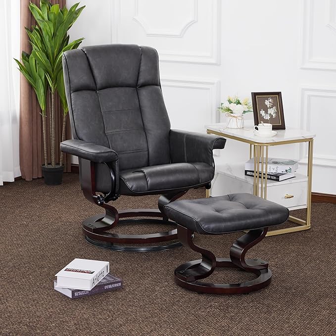 MCombo Manual Swivel Recliner with Ottoman Chair Ottoman Set for RV Small Spaces Living Room Bedroom Office 9019 4919 (Faux Leather Dark Grey)