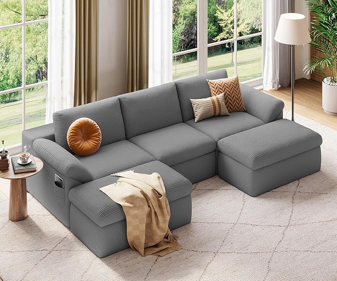 LINSY HOME 109 Modular Couch Modern Boneless Cloud Couch U Shaped Sofa with Movable Ottomans Deep Seat Corduroy Sectional Couches for Living Room Apartment No Assembly Required Grey