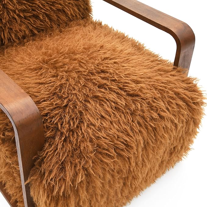 Furniture of America Ramos Modern Lounge Chair with Ultra Soft Faux Fur Long-Haired Accent Sofa Tight Seat and Back Single Couch Fluffy Living Room Seating No Assembly Needed Camel Brown