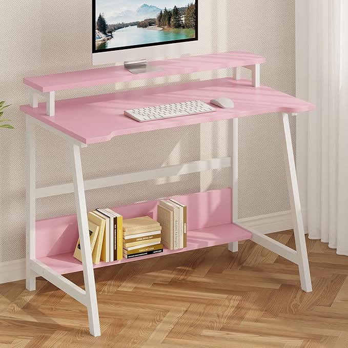 ALISENED 31.5 Inch Small Office Desk with Storage Small Desk for Small Spaces Compact Home Office Desk Mini Study Desk for Bedroom Pink