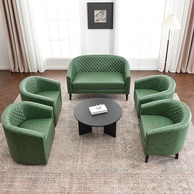 KINWELL 50 Faux Leather Upholstered Loveseat Sofa with 2 Swivel Barrel Accent Chairs Minimalist Comfy 2-Seater Couch and Armchair for Small Spaces Apartment Green