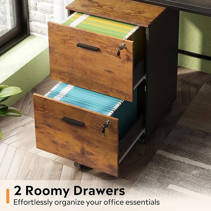 DEVAISE 2 Drawer File Cabinet Mobile Printer Stand Wood Filing-Cabinet fits A4 or Letter Size for Home Office Rustic Brown