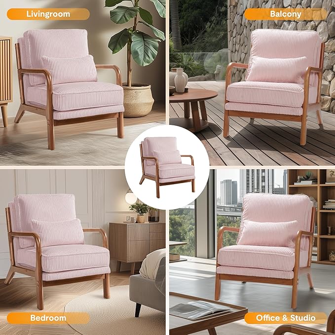 FLEXISPOT AC1 Accent Chairs Set of 2 Upholstered Mid Century Modern Corduroy Armchairs with Solid Wood Frame Comfy Lounge Reading Chairs Farmhouse Armchairs for Living Room Bedroom Balcony (Pink)