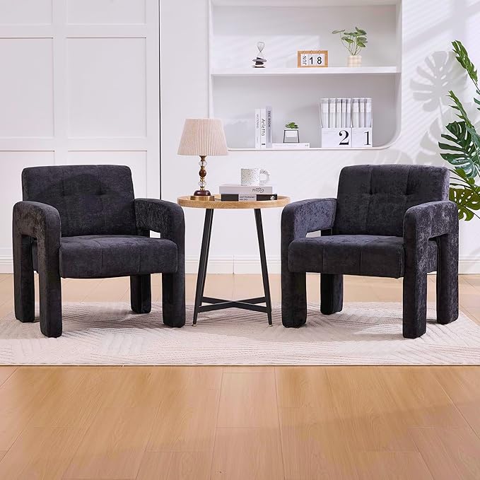 Neftis 26 W x 27 L Accent Chair for Living Room Black Modern Minimalist Armchair with Chenille Fabric High-Density Foam Wide Comfy Leisure Armchair for Bedroom/Office/Apartment