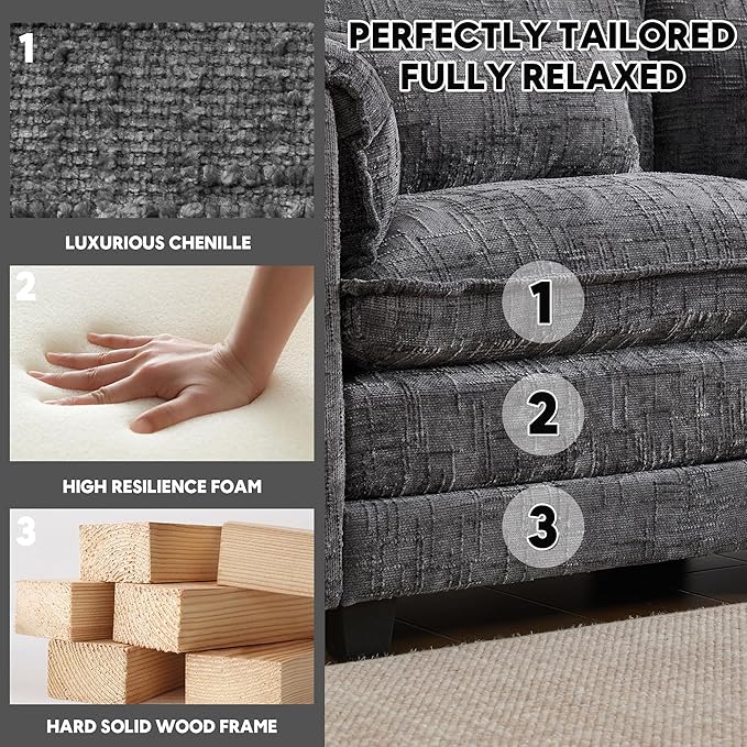 L Shaped Sectional Sofa Cloud Couch for Living Room 109 Chenille Comfy Modular Sleeper Sofa with Storage Ottoman Modern Upholstery Sofas with USB Port &amp Phone Holder Grey