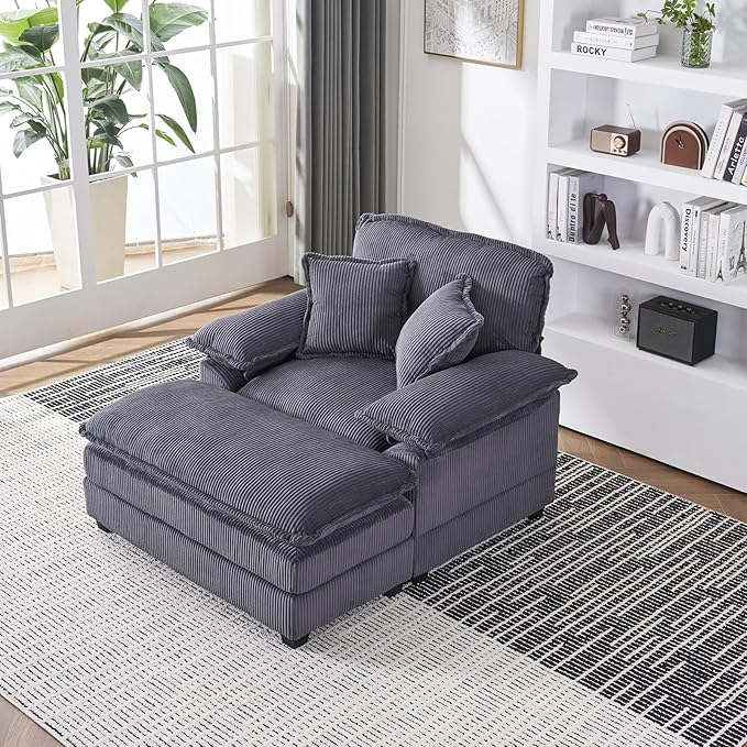 Oversized Chaise Lounge Indoor 56.3 Big Comfy Modern Sleeper with Removable Ottoman Wide Armrest and 2 Pillows Corduroy Couch with Deep Seat Lounge Chair for Living Room Reading Bedroom (Grey)
