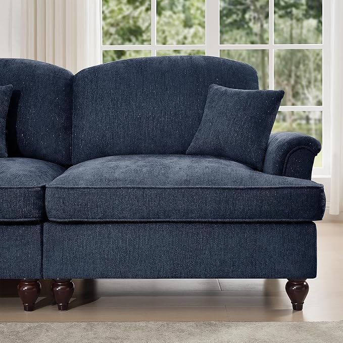 Casaphoria Mid-Century Modern Oversized Loveseat Sofa 2-Seater Chenille Couch with Removable Ruffle Skirt Flared Arms Spindle Legs &amp Throw Pillow for Living Room Apartment