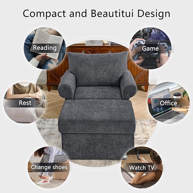 35.82 Accent Chair with Ottoman SetUpholstered Living Room Chairs for Reading Chair with Chaise Lounge Chairs Indoor Comfortable Armchair for Bedroom (Gray 35.82)