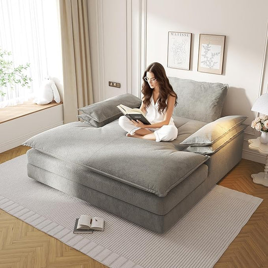 80 Oversized Double Chaise Lounge Chair Indoor Comfy Chenille 2 Seater Cloud Sofa Couch Modern Loveseat Sleeper Recliner with Wide Armrests for Living Room Bedroom Apartment Grey