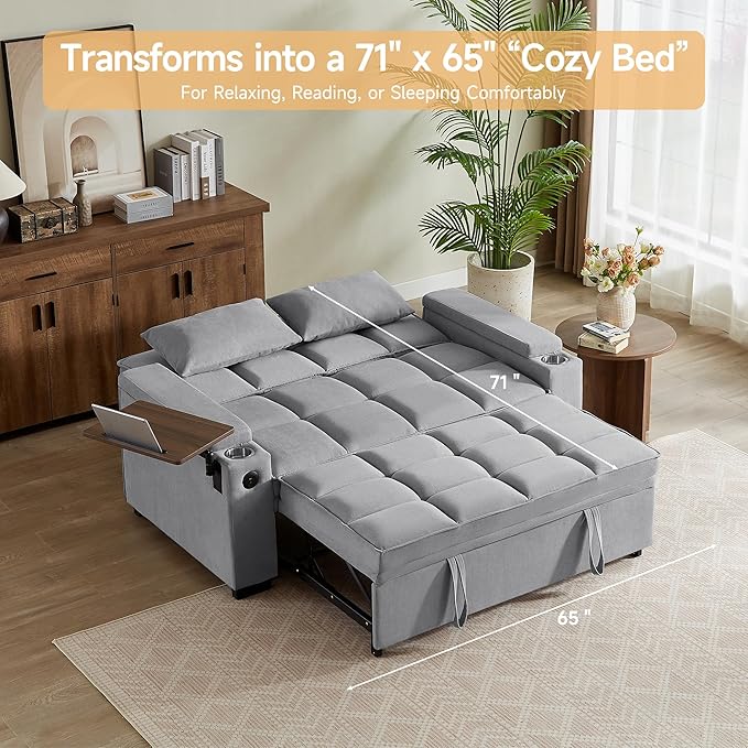 66 Multi-Functional Pull-Out Sofa Bed with Hidden Side Table Storage Armrests Built-in Charging Port Spring Mattress Solid Wood Frame – Ideal for Small Spaces Easy Assembly
