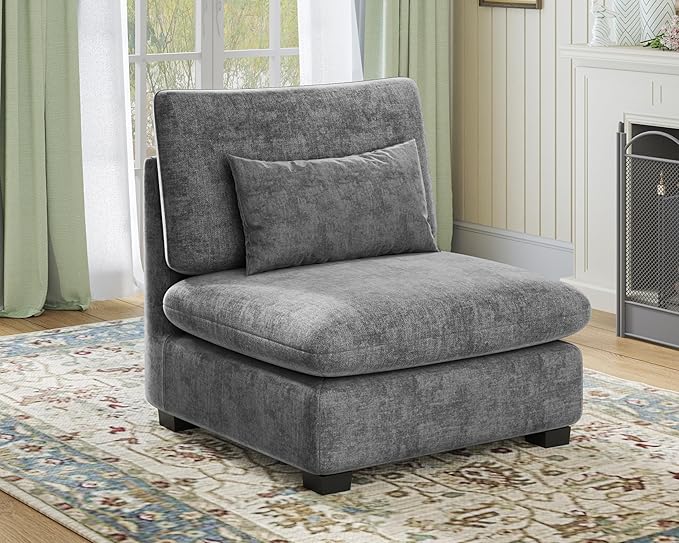 CHIC HOUSE Module for Modular Oversized Couch Corduroy Customizable Chaise Chenille Fabric Ottoman for Sectional Sofa Upholstered Convertible Seater Corner (Single Seater Chenille-Grey)