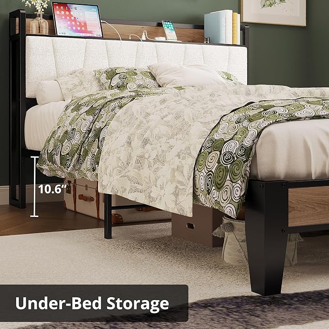 LIKIMIO Full Bed Frames Storage Headboard with Charging Station Solid and Stable Noise Free No Box Spring Needed Easy Assembly Wood and Cream
