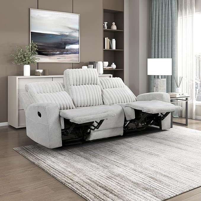 Lexicon Modern Double Recliner Couch Manual Wall Hugger Textured Microfiber Reclining Sofa Plush Corduroy Channel Seat Back Manual Recliner Sofa Light Gray