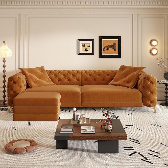 Ball &amp Cast 3-in-1 Convertible Sleeper Sofa with Movable Ottoman97.7 Velvet Pull Out Sofa Bed Modern Button Tufted 4-Seater Sofa Couch with Deep Seat for Living Room ApartmentOfficeOrange