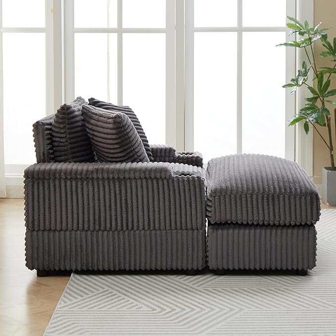 Corduroy Upholstered Chaise Lounge Sofa with Movable Ottoman and Cupholders43.3 w Oversized Singel Chair Convertible Sleeper Sofabed with Detachable Cushions Deep Seat for Living Room Office