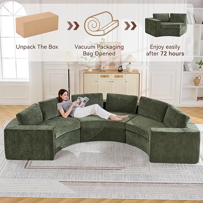 139'' Curved Round Boneless Couch Oversized Cloud Sofa with Deep Seat &amp Arms Chenille Modular Sectional Sofa with Pillows Upholstered Comfy 6 Seat Couch for Living Room Green