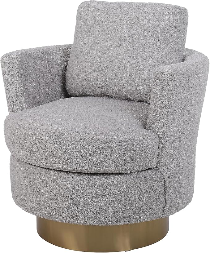 Teddy Swivel Barrel Chair Swivel Accent Chairs Armchair for Living Room Reading Chairs for Bedroom Comfy Round Barrel Chairs with Gold Stainless Steel Base (Grey)