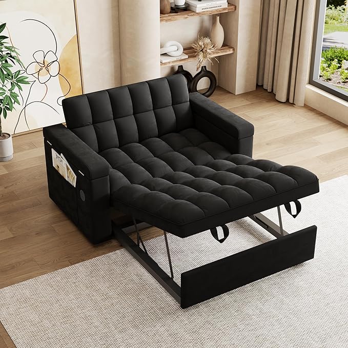 Dreamzie 65'' Wide 3 in 1 Convertible Sleeper Sofa Bed Pull Out Couch for Living Room with Hidden Laptop Desk Loveseat Sleeper with Side Pocket | Adjustable Backrest | USB Port (Fabric Black)
