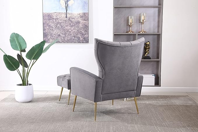 Modern Accent Chair with Ottoman Comfortable Armchair for Living Room Bedroom Apartment Office (Grey)