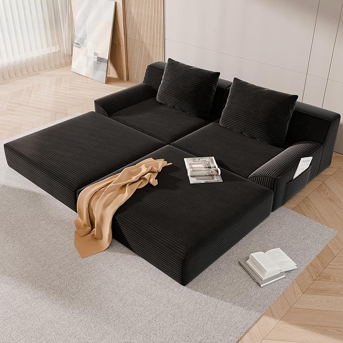 79 Convertible Sofa Bed Upholstered Boneless Couch Loveseat Sleeper with Pull Out Bed Corduroy Futon Couch Floor Folding Sofa Modular Futon Couch for Living Room Bedroom Lounge Black