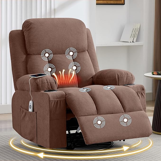 Swivel Rocker Recliner Chair with Vibration Massage and Heat for Living Roomwith Rocking Function and Side Pocket USB Charge Port2 Cup Holders