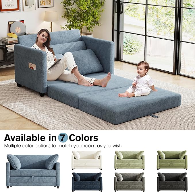 51 Loveseat Sleeper Sofa Bed Chenille Convertible Floor Sofa Bed for Small Spaces Folding Couch Bed with Deep Seat 2 Pillows &amp Solid Frame Pull Out Couch for Living Room Light Blue
