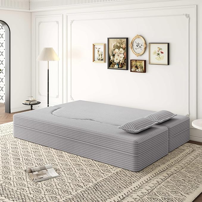 78 inch Memory Foam Couch Sofa Bed Convertible Folding Velvet Chenille Lazy Lounge Floor Full Size Sofabed Sleeper Couch for Small Living Room Apartment No Assembly (Light Grey Corduroy)