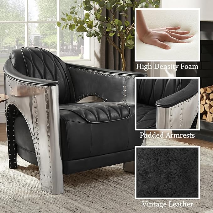 Zouron Vintage Leather Accent Chair Upholstered Living Room Chair with Aluminum Legs and Handcrafted Rivets Genuine Leather Single Sofa Chair Barrel Aviator Chair Black