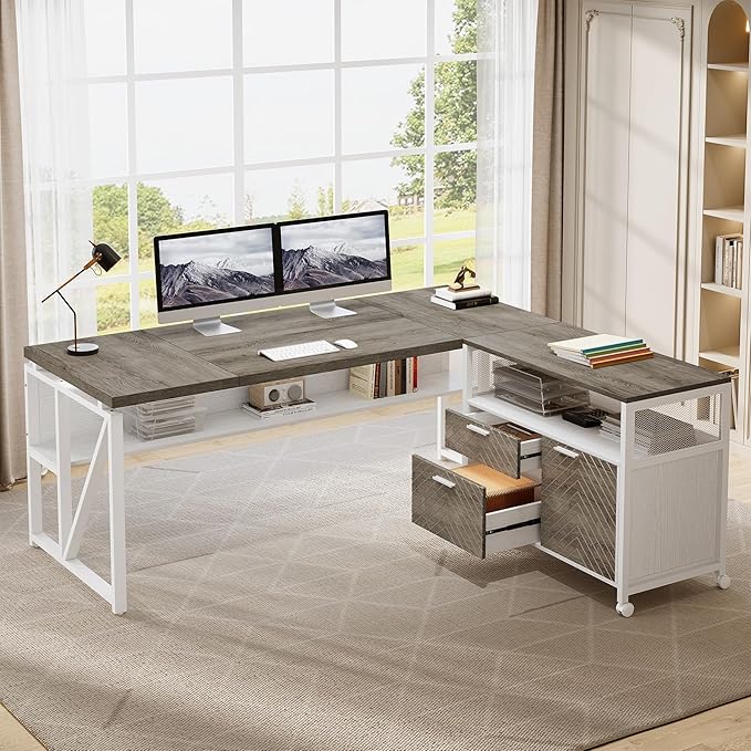 Tribesigns L-Shaped Desk with Drawers 63 Executive Office Desk with Mobile File Cabinet and Storage Shelves Home Office Business Furniture Set (Gray White)