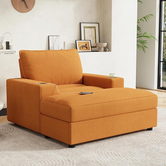 42.8 Oversized Chaise Lounge Chair with Storage Ottoman Corduroy Sofa Bed with Cup Holders &amp USB Charging Port Upholstered Sleeper Chair for Living Room BedroomYellow
