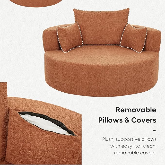 Oversized 360° Swivel Barrel Chair for Living Room Modern Comfy 56.3'' Round Boucle Reading Accent Chair with Extra Wide &amp Deep Seat Overstuffed Cushions Easy Assembly Sienna Red